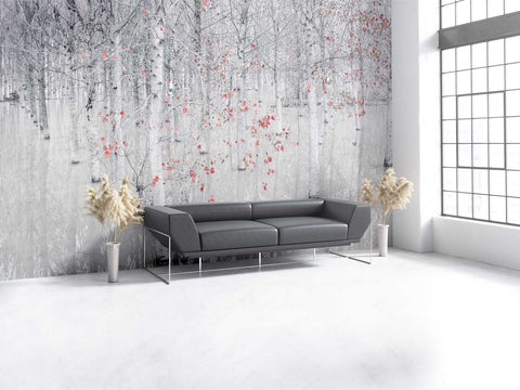 Wall Mural Red and white Birch - Peel and Stick Fabric Wallpaper for Interior Home Decor