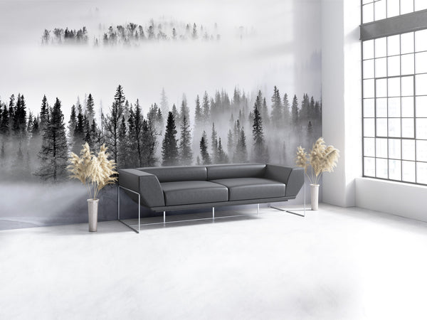 Wall Mural Foggy Forest - Peel and Stick Fabric Wallpaper for Interior Home Decor